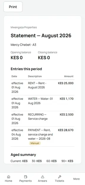 A tenant statement for August 2026 showing rent, water and service charge, the payment received, and a zero closing balance.