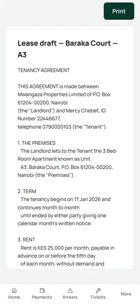 A lease draft for Unit A3, with the landlord, tenant, rent and deposit already filled in from the records.