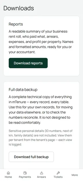The downloads screen offering a readable reports spreadsheet and a full data backup.